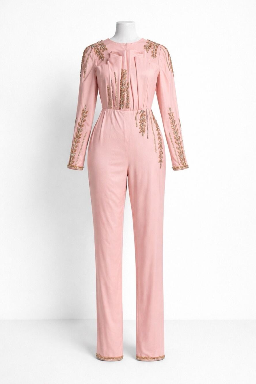walone fashion luxury pink gold beaded pleated stunning jumpsuit size small